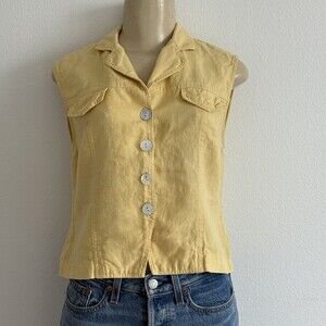 90s VTG Coastal Grandmother Carol Anderson Yellow Linen Vest Cottage Core Breezy